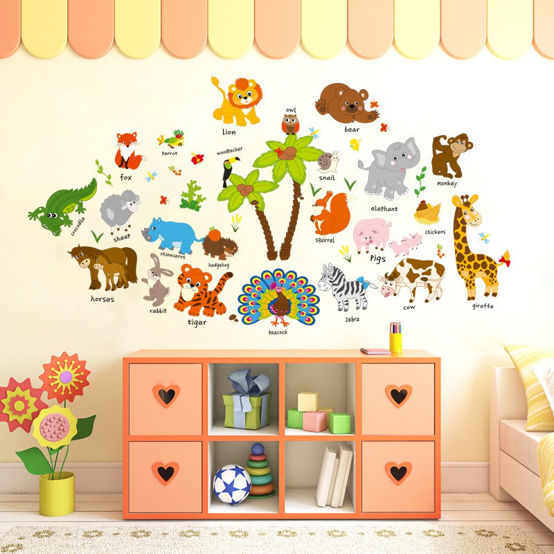 Decal dán tường cho bé học tiếng anh các loài thú SK9296 kiddecals