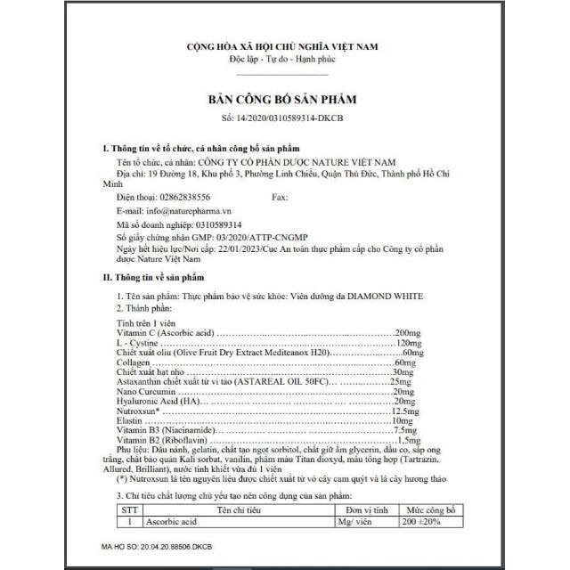 Viên uống trắng da Ngọc Trinh Diamonwhite