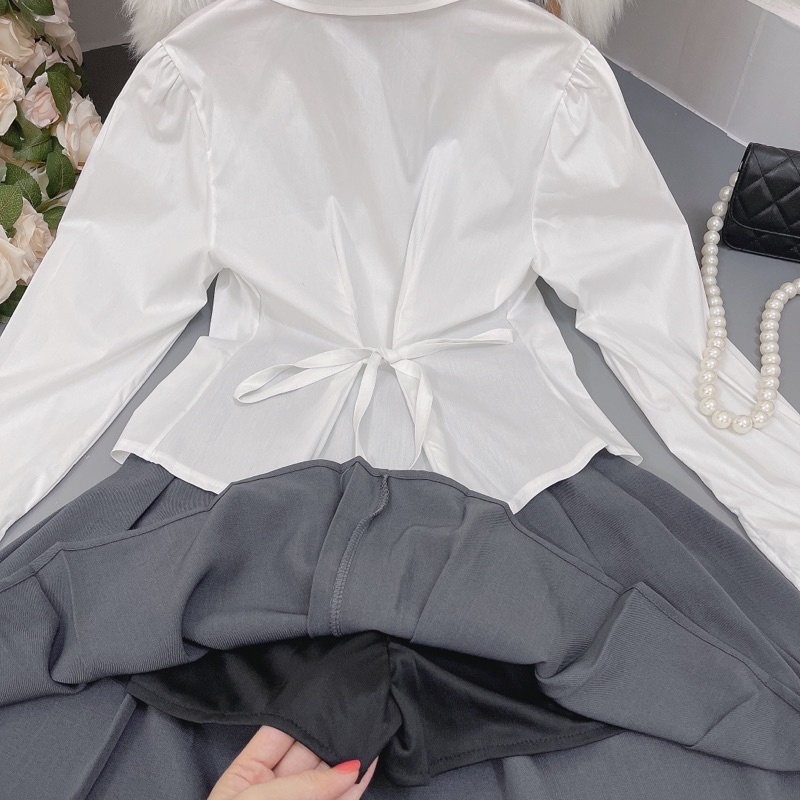 Sét áo sơ mi tay dài cột nơ ( CÓ BÁN RỜI) + chân váy XÒE xếp ly dễ thương -Thời Trang VADA | BigBuy360 - bigbuy360.vn