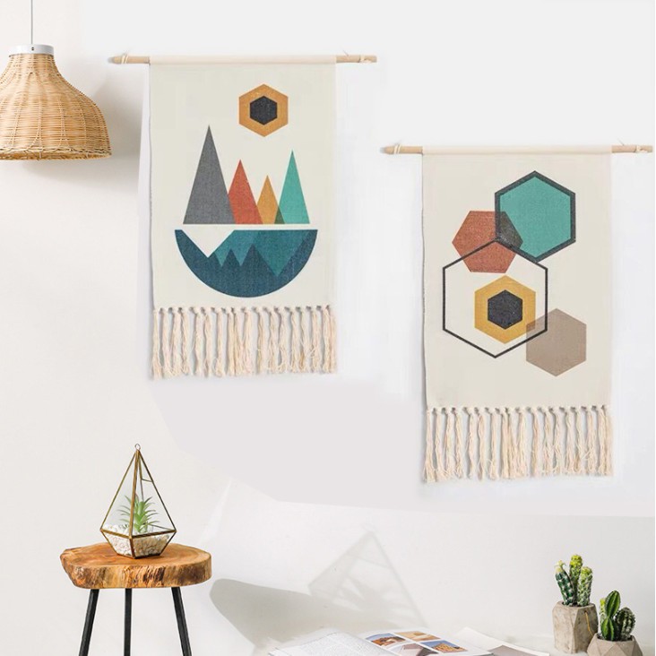 Tranh vải vintage trang trí tường nhiều họa tiết tặng kèm (thanh gỗ,dây treo,đinh tàng hình)kích thước 50x70cm