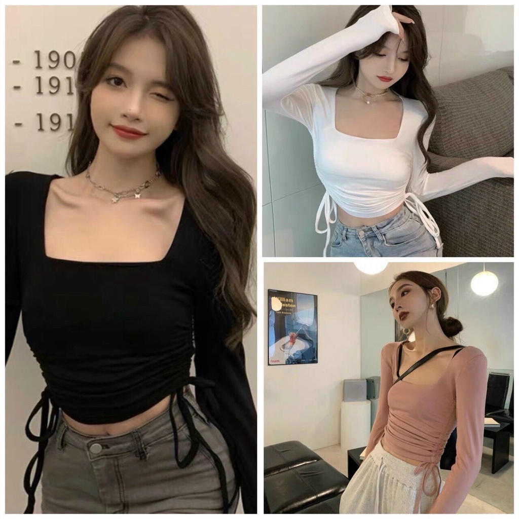 áo thun gân rút dây 2 bên cổ vuông dài tay