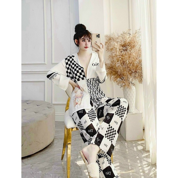 Pijama lụa cao cấp hoạ tiết caro gấu