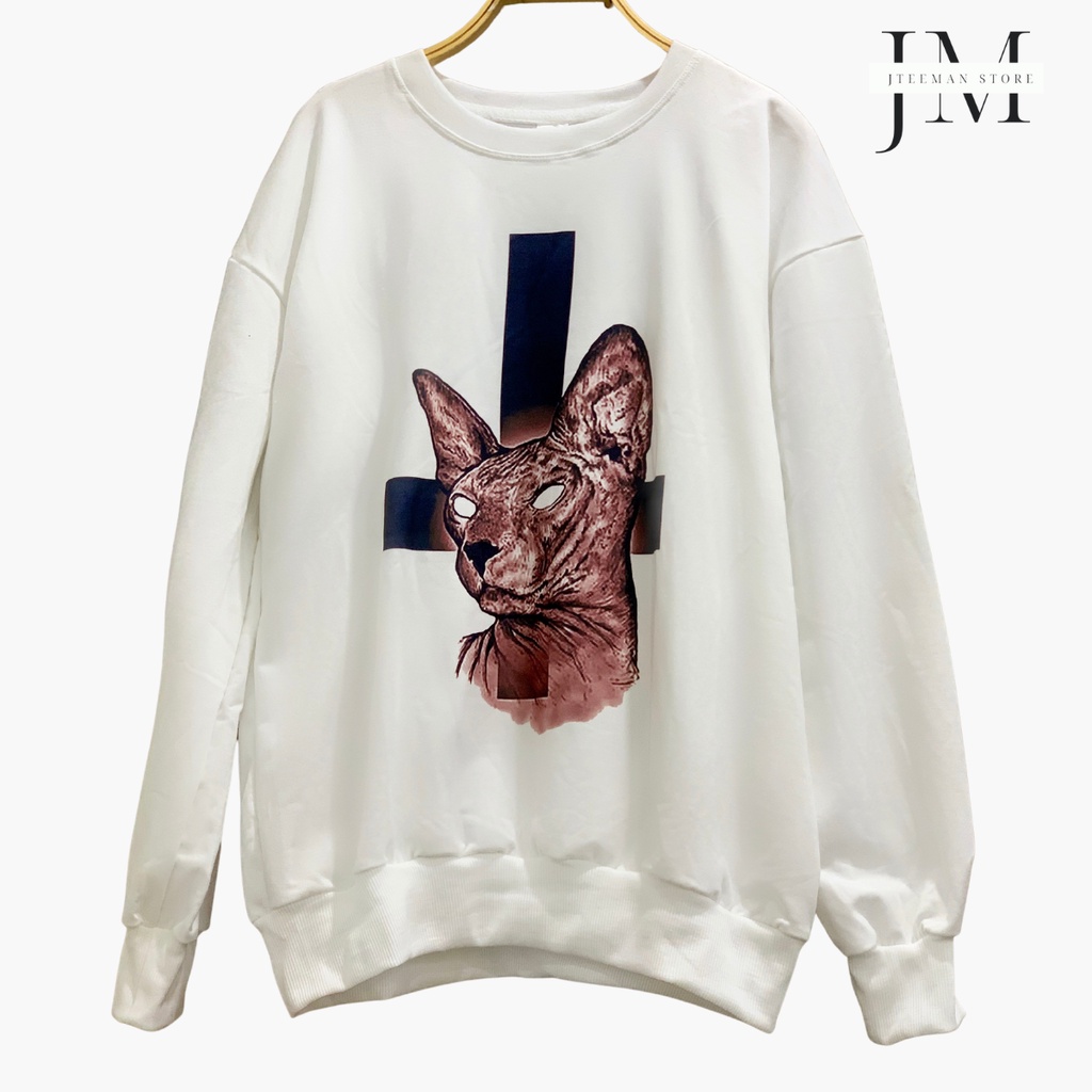 Áo Sweater nam nữ tay dài in hình mèo thánh giá ngược, áo thun Sweater form rộng Unisex vải Cotton JTeeMan - ST02