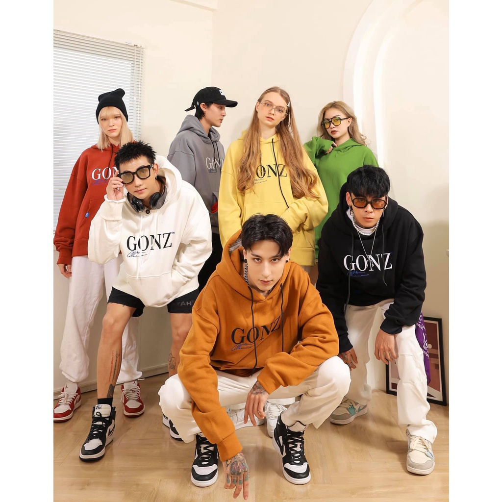 Áo Hoodies Gonz  áo khoác unisex form rộng nữ nam ,có mũ thời trang hình thiêu 100%, phong cách thu đông 4mảu