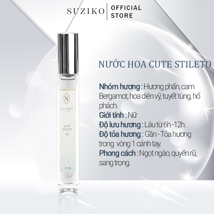 Nước hoa nữ Suziko Cute Stileto ngọt ngào, quyến rũ, sang trọng. Nước hoa mini gợi cảm 10ml dạng xịt tiện lợi