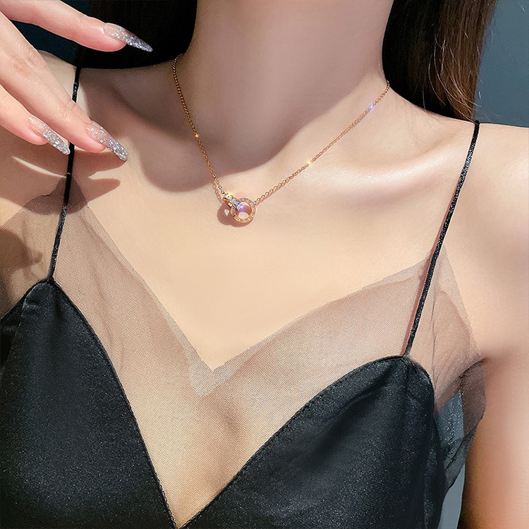 Vòng cổ titan không gỉ dây chuyền titan mạ vàng 18k đính đá zircon khắc số la mã phong cách ins hàn quốc