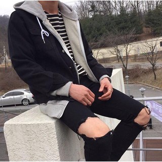 Quần jean nam màu đen đậm trơn rách gối  to chất bò cao cấp co dãn 4 chiều đẹp from dáng rin skinny