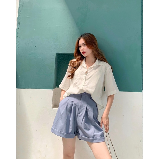Áo sơ mi nữ tay ngắn form rộng đẹp hàn quốc LUCETFASHION cao cấp đen trắng be Short sleeved Shirt