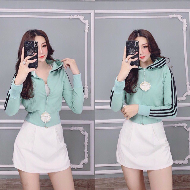 Áo khoác nữ thun da cá form lửng phối 3 sọc tay nón