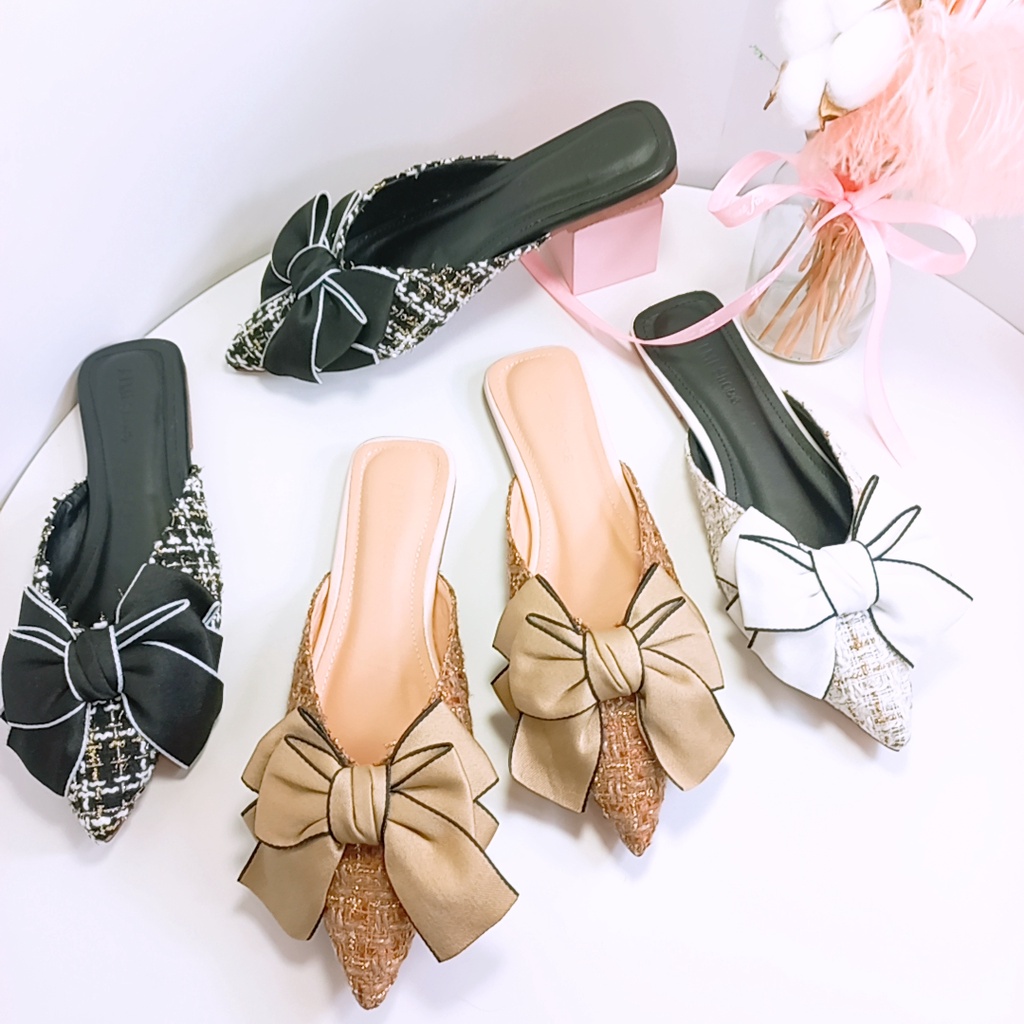 Giày Sục Nữ MINHTUYETSHOES Đế Bệt Mũi Nhọn - Sục Nữ Thắt Nơ Lụa Xinh Xắn Mẫu Mới Mã SNL ĐI TIỆC,ĐI CHƠI,ĐI LÀM