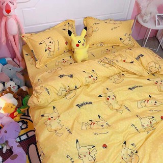 FULL Bộ Ga Giường Chần Bông Pikachu Vàng M6*2M-M8*2M((1 Chăn Phao, 1 Ga, 2 Vỏ Gối Đầu, 1 Vỏ Gối Ôm)