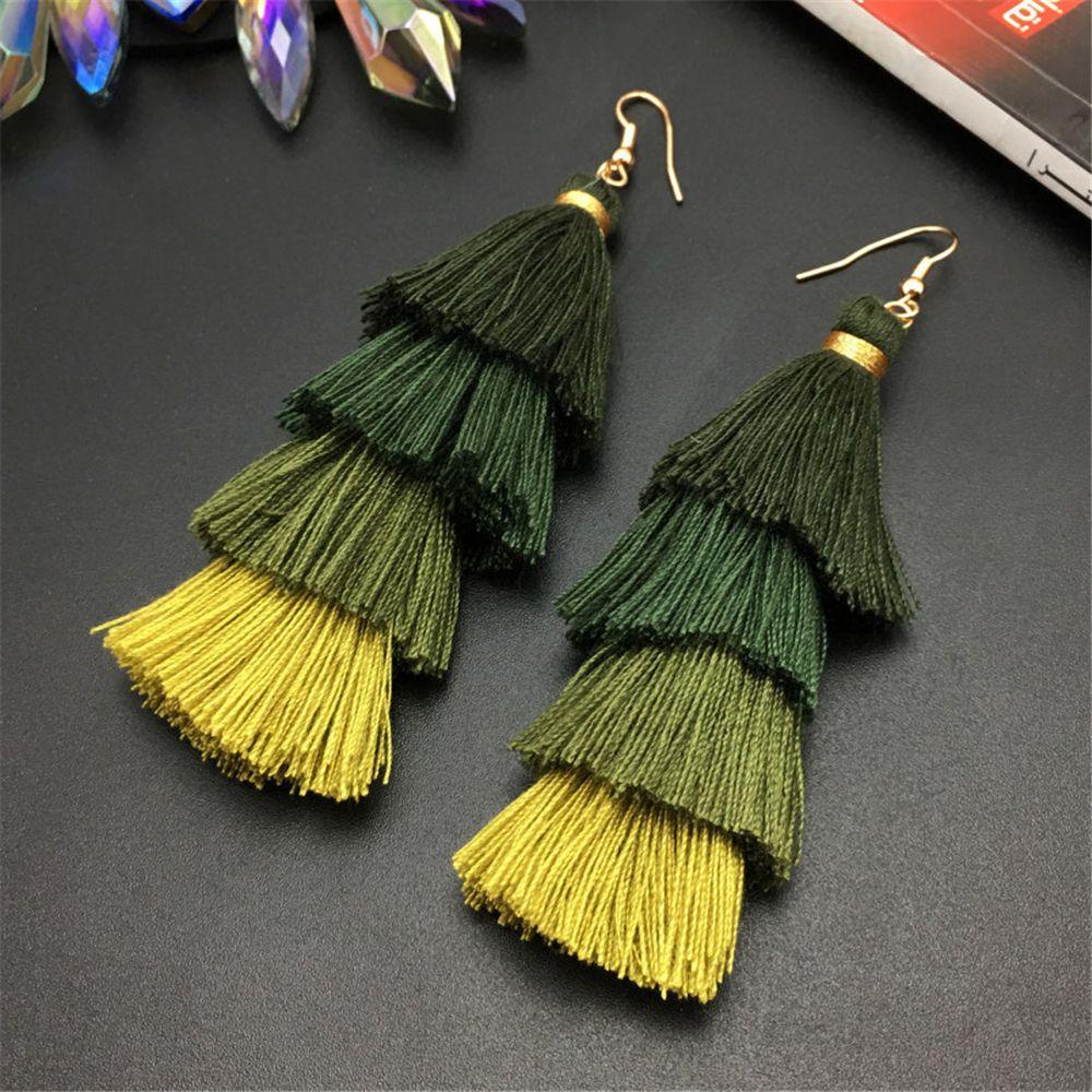 ORIENTLII 1 Cặp Bông Tai Tua Rua Dài Màu Gradient Phong Cách Boho Dân Tộc Thời Trang