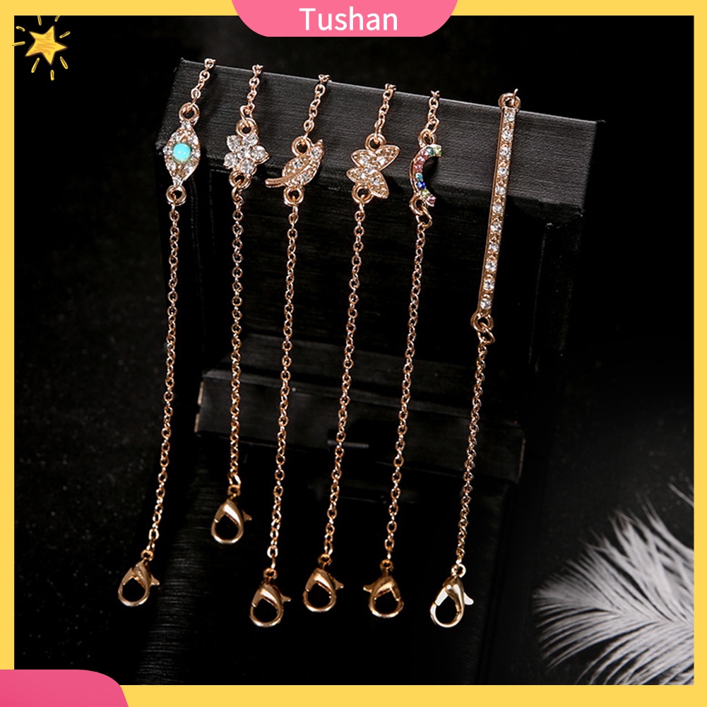 TUSH_6Pcs/Set Butterfly Leaf Evil Eye Charm Rhinestone Inlaid Women Bangle Bracelet
