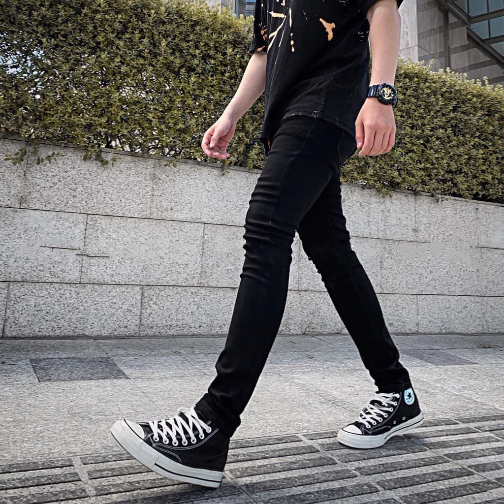 Quần Jean Nam Đen Trơn Dáng Skinny Vải Co Giãn Không Phai Màu, Phong Cách Hàn Quốc 👖