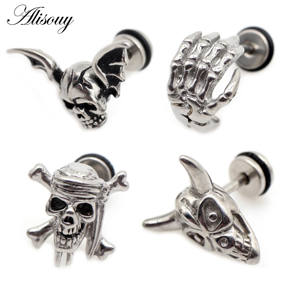 Alisouy Set 2 Khuyên Tai Hình Đầu Lâu Bằng Thép Không Gỉ Cá Tính