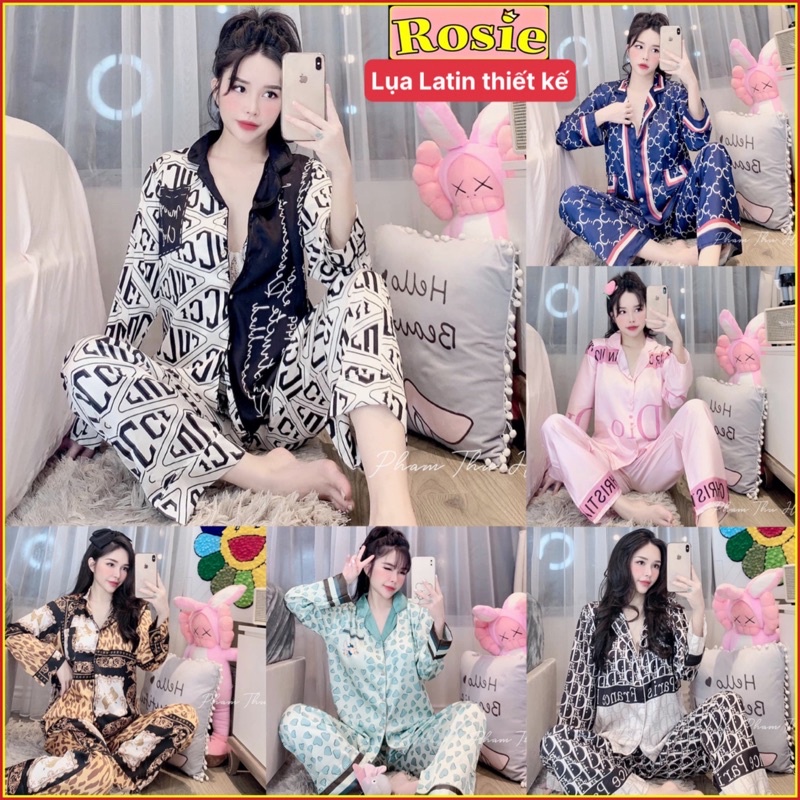 Bộ pijama ngủ lụa Latin in 3D sang trọng tay dài < 58kg đồ bộ ngủ xinh