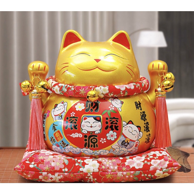 Mèo thần tài, mèo may mắn maneki neko phúc lộc viên mãn 20cm (kèm đệm)