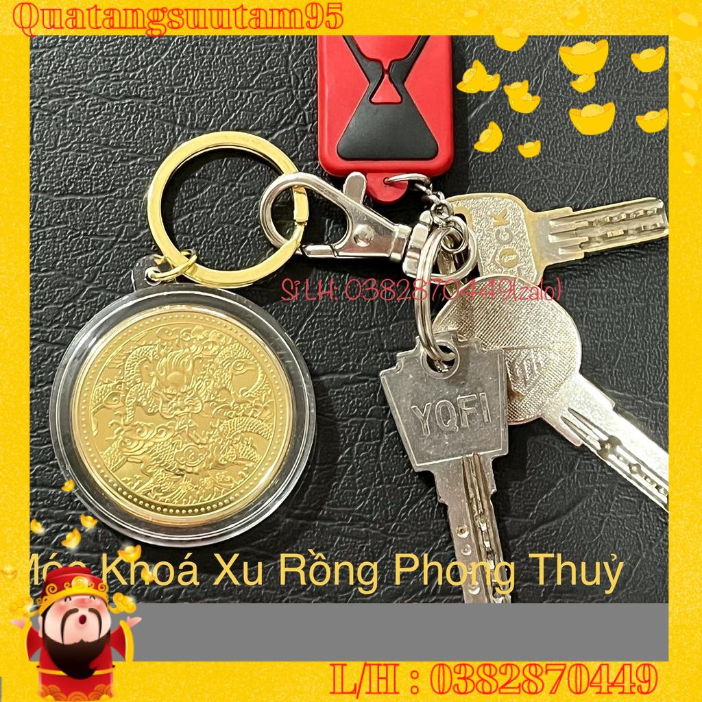 Đồng Xu Con Rồng Phong Thuỷ May Mắn Tặng Móc Khóa, Túi gấm đỏ