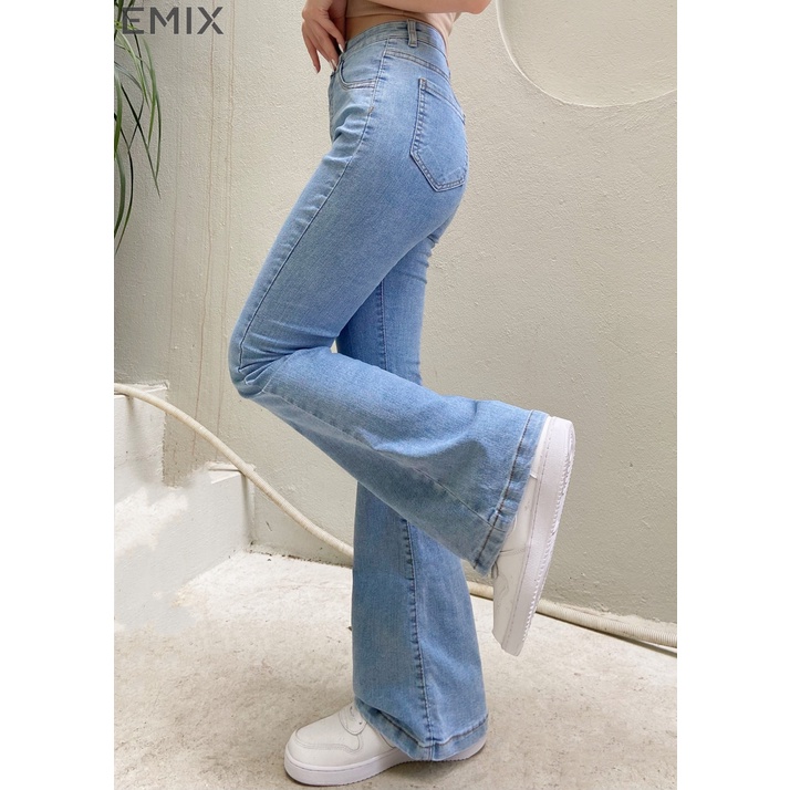 Quần jean ống loe EMIX (2 màu), basic trouser, dáng dài 100cm, lưng cao co giãn, ống ôm và loe, chất vải jeans mềm 97