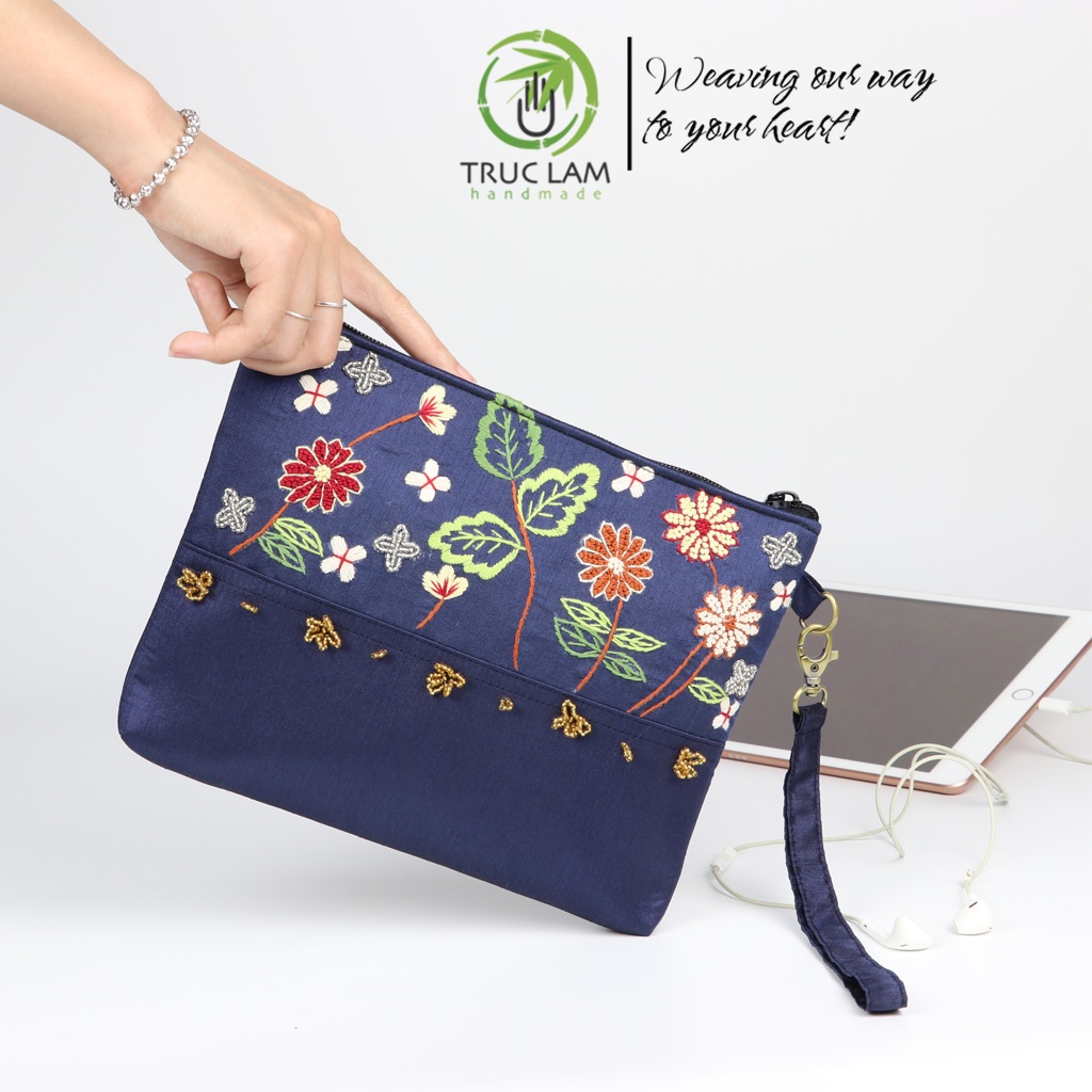 Ví Cầm Tay Đựng Ipad Clutch Vải Tafta Thêu Cành Hoa Hạt Cườm Thủ Công Cỡ Bé - Trúc Lâm Handmade