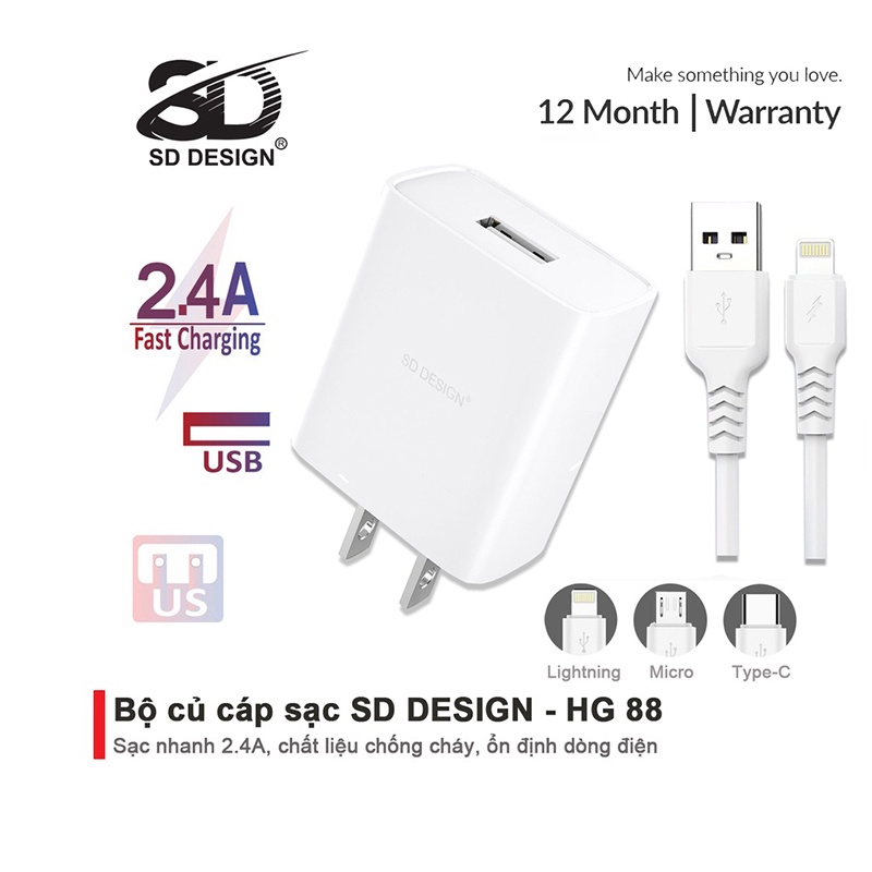 Bộ Củ + Cáp Sạc HG 88 chính hãng SD DESIGN sạc nhanh an toàn cho thiết bị - Mango_Ovil