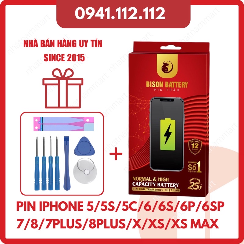 Pin iPhone Bison cho iphone 5, 5S, 5SE, 6, 6S, 6 Plus, 6s Plus, 7, 7 Plus, 8, 8 Plus, X, XS,Xsmax - Tặng keo dán, tuavit