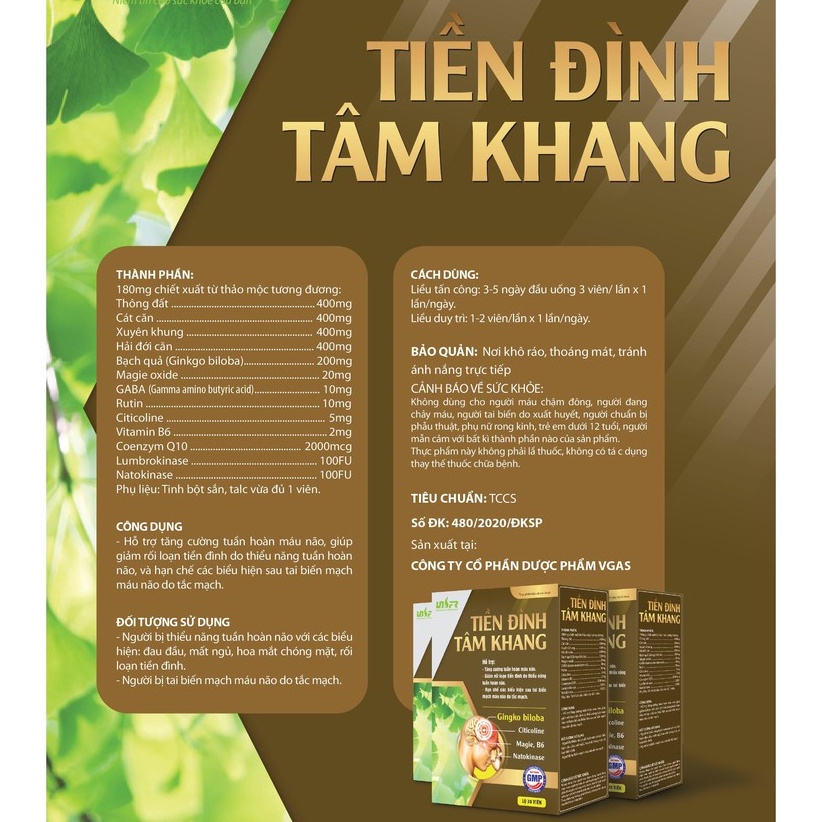 Tiền Đình Tâm Khang, hỗ trợ tăng cường tuần hoàn máu, giảm rối loạn tiền đinh do thiểu năng tuần hoàn não (hộp 30 viên)