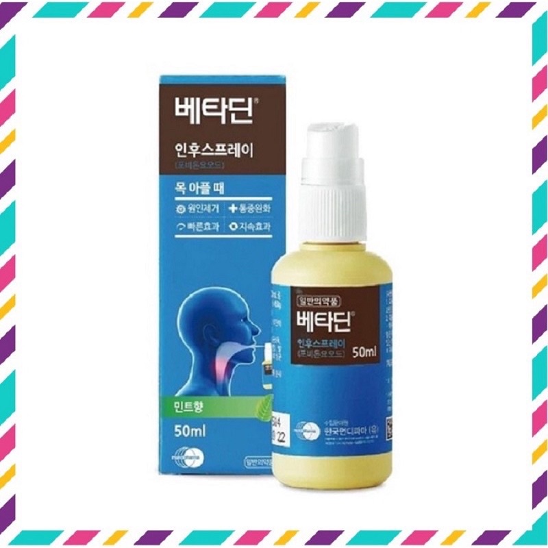 Xịt Cổ Họng Khoang Miệng Betadine Throat Spray Hàn Quốc, Lọ 50ml, Hương Bạc Hà Thơm Mát, Giảm Đau Họng