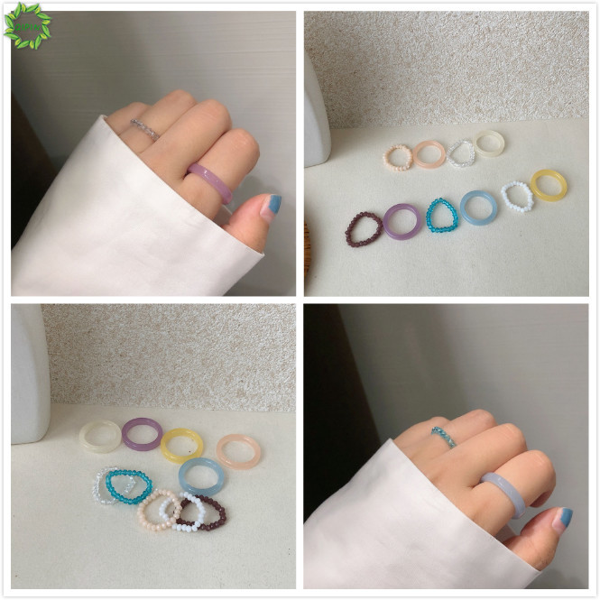 Bộ nhẫn xỏ hạt resin nhiều màu sắc phong cách Hàn Quốc cho nữ