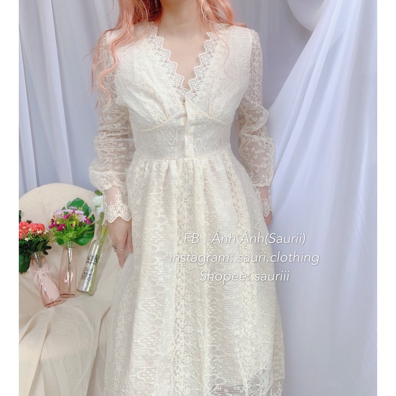 SẴNĐầm maxi tiểu thư ren Mềm mịn công chúa |Đầm xoè ulzzang cổ v vintage dạo phố xinh xắn|Đầm dự tiệc sang chảnh