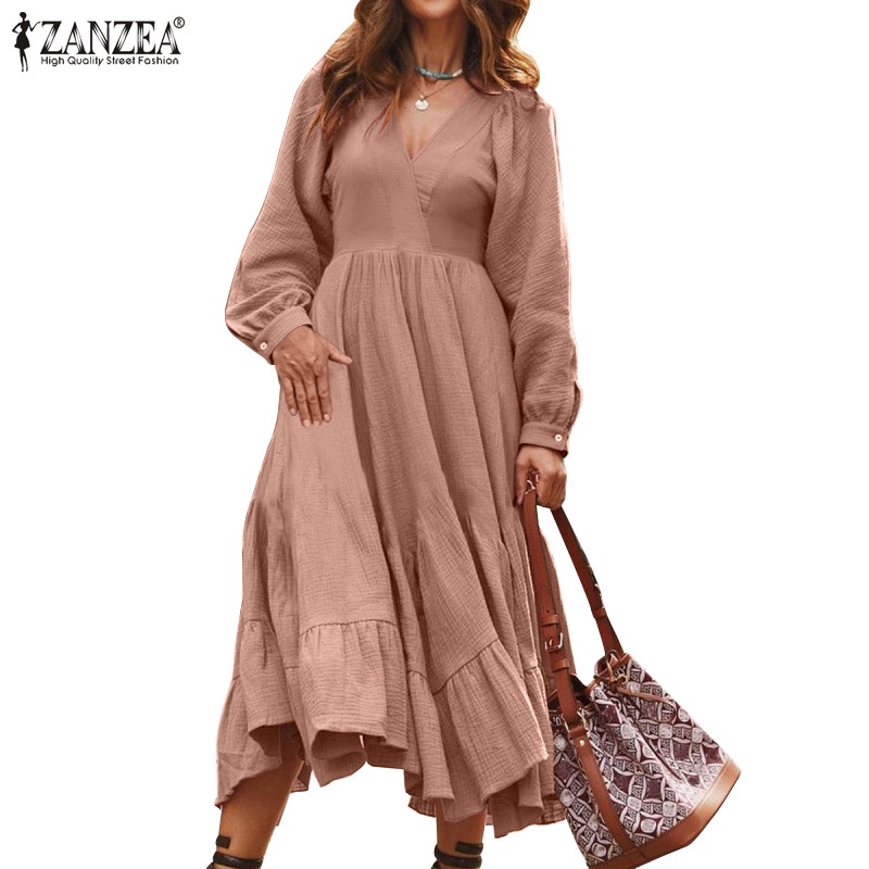 Đầm Zanzea dài tay phồng cổ chữ V form rộng phong cách châu Âu thời trang cho nữ