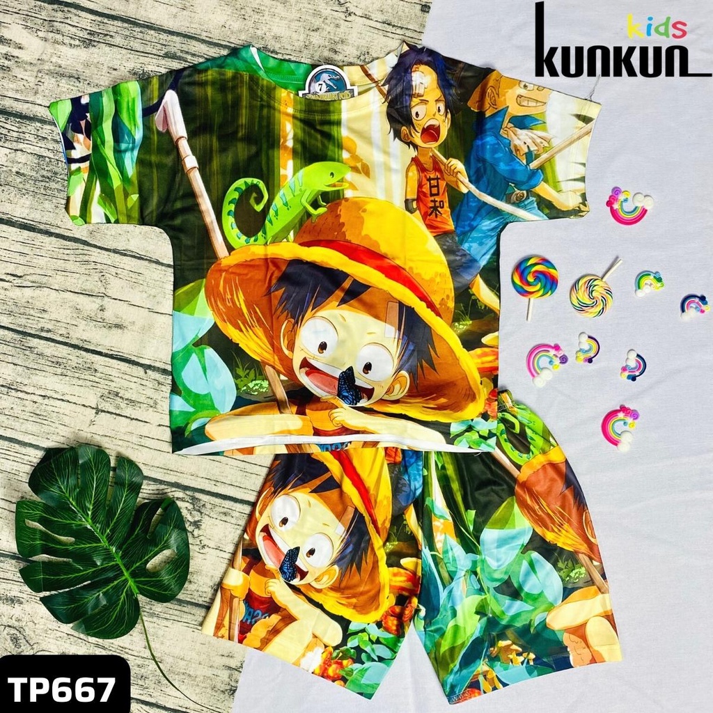 Quần áo trẻ em KUNKUN TP667 in 3d thun lạnh hình luffy size đại 10-60kg - Bộ cộc tay bé trai từ 3-12 tuổi