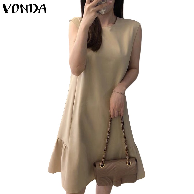 Đầm VONDA dáng ngắn không tay cổ tròn màu trơn phong cách Hàn Quốc thời trang mùa hè cho nữ