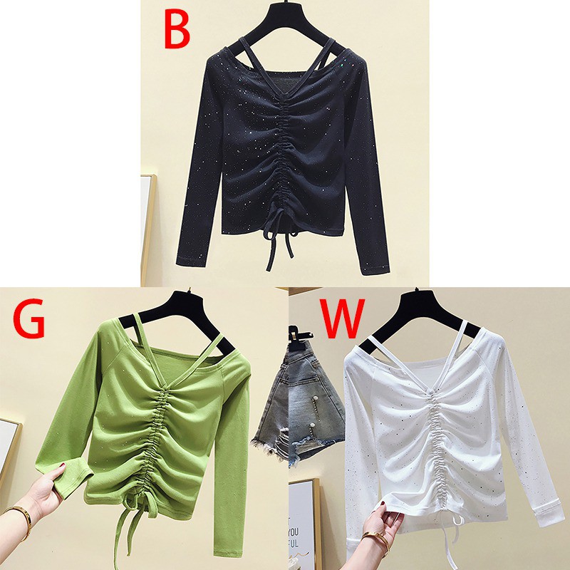 Áo thun tay dài cổ chữ V màu trơn thiết kế dáng rộng che khuyết điểm