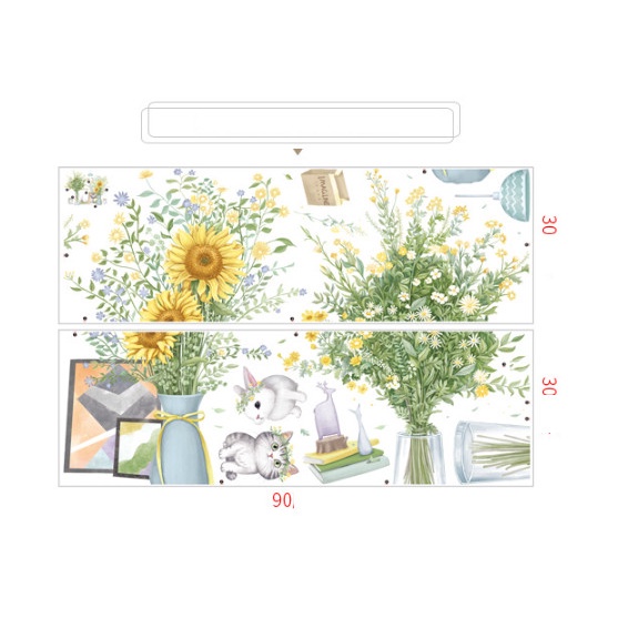 Decal trang trí tường - Chú mèo con nhỏ và chú thỏ đứng cạnh 2 bình hoa