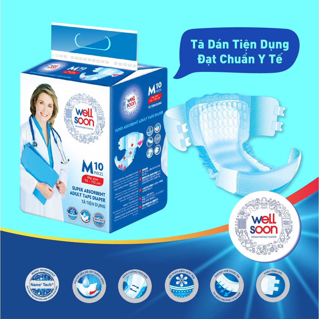 🍀 Tã - Bỉm dán người lớn Well Soon - Size M/ML ( bịch 3/10 miếng )