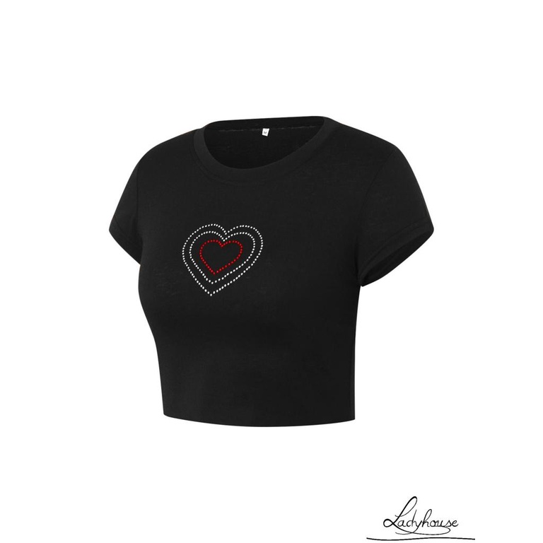 Áo Thun Croptop Cổ Tròn Họa Tiết Trái Tim Đính Đá Xinh Xắn Cho Nữ