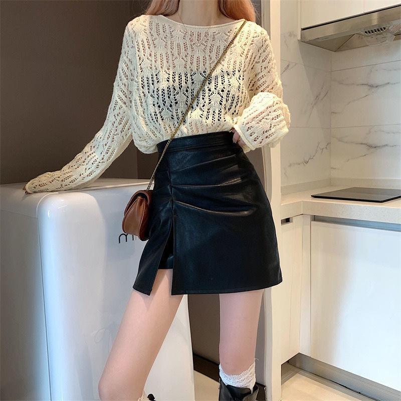 Chân Váy Da PU Dáng Chữ a Lưng Cao Xẻ Tà Thời Trang Cho Nữ