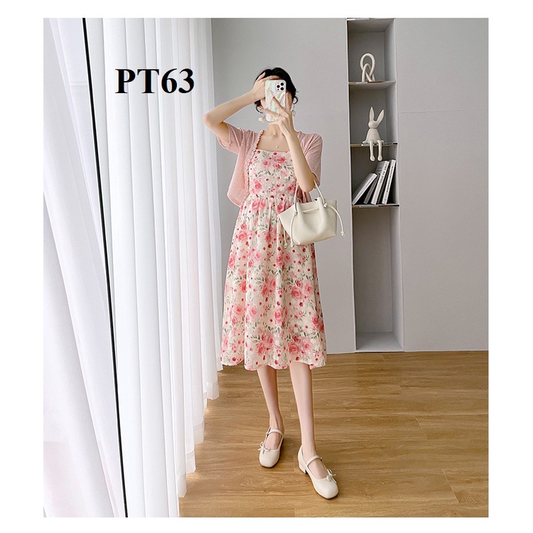 Set đầm bầu hàng Quảng Châu cao cấp gồm đầm 2 dây và áo khoác len dệt ngắn tay