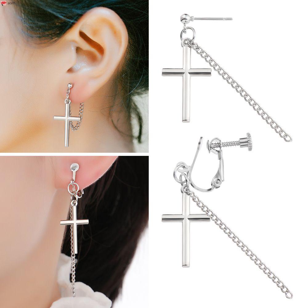 Bông tai dạng kẹp hình thánh giá phối dây xích không xỏ lỗ cá tính phong cách đường phố cho nữ
