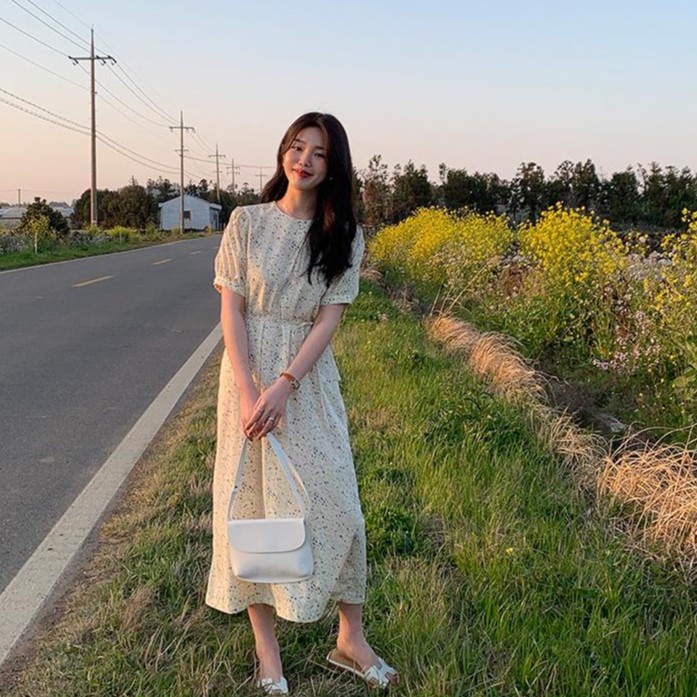 Đầm Ngắn Tay In Hoa Xinh Xắn Theo Phong Cách Hàn Quốc 42445