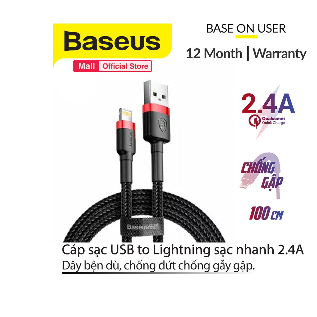 Cáp Baseus Cafule Lightning dành cho iPhone/iPad sạc nhanh và truyền dữ liệu tốc độ cao 0.5m,1m/2m/3m ( 2.4A/1.5A/2A )