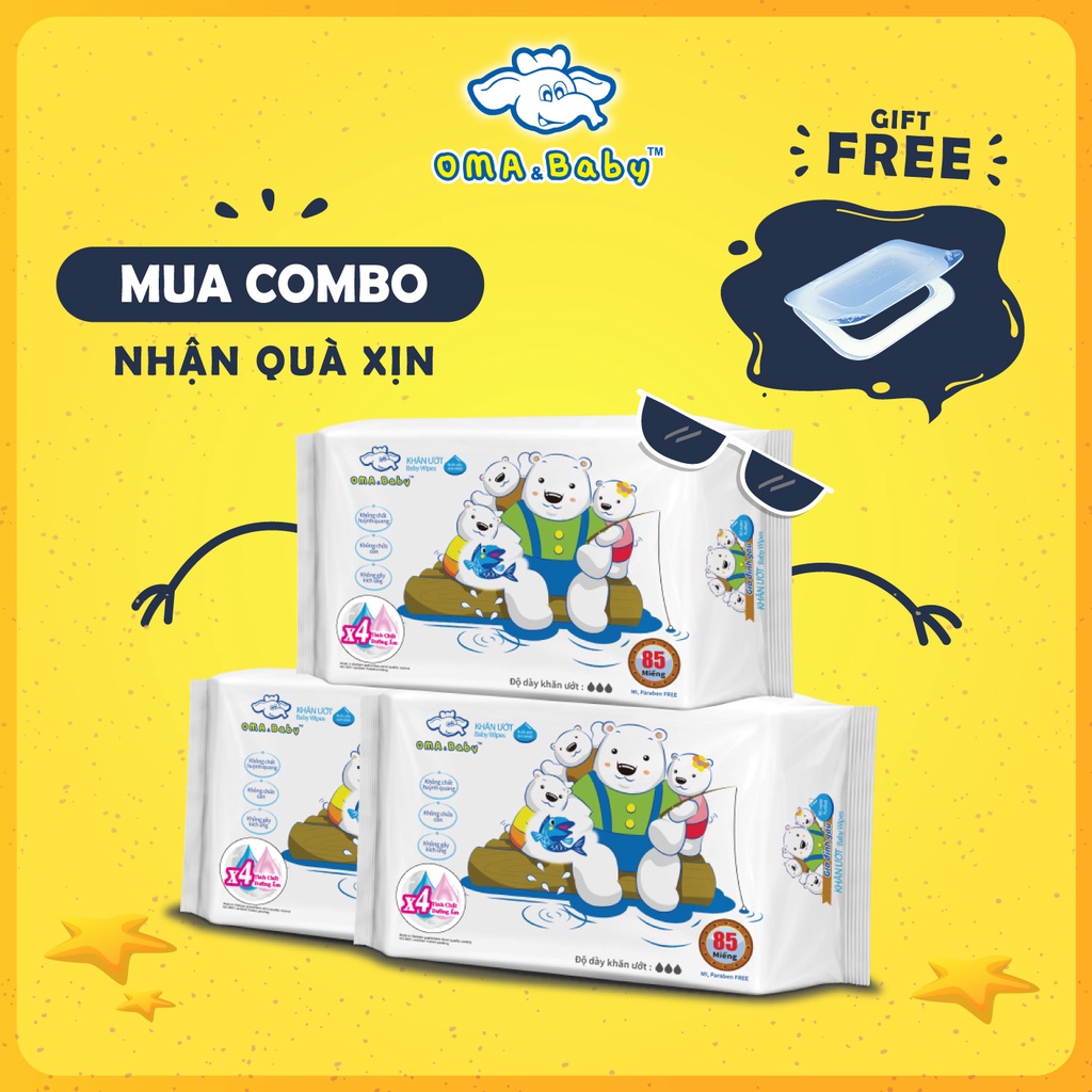 Combo 3 Gói 85 Tờ Khăn Ướt Kháng Khuẩn Tinh Khiết Với Tinh Chất Dưỡng Ẩm Dành Cho Bé Oma&Baby Không Mùi