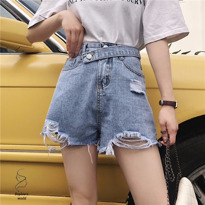 Quần jeans ngắn cạp cao ôm dáng thiết kế rách cá tính cho nữ