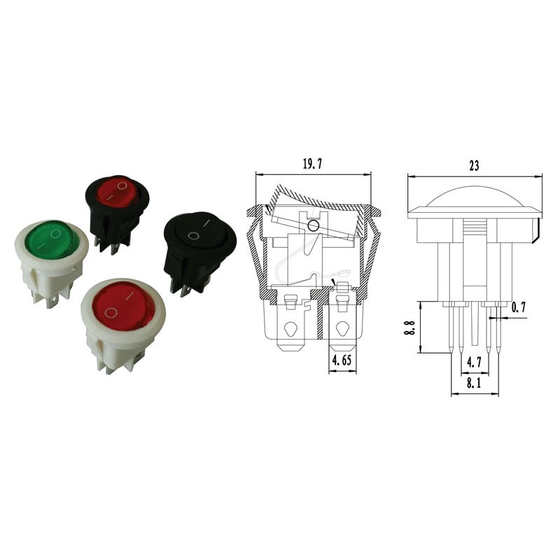 Bộ 10 công tắc tròn có đèn LED kcd1 12v 24v/ 6a 250v/ 10a 125v 2/ 3/ 4 chân nối chuyên dụng cho xe hơi