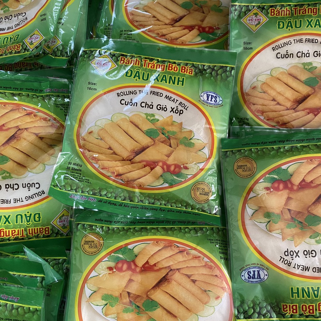 Bánh tráng bò bía đậu xanh, chiên chả giò