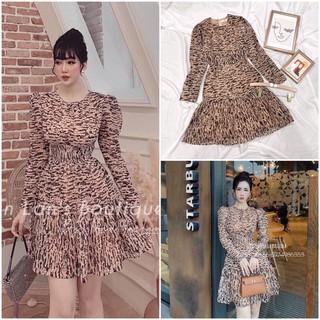 Đầm váy voan tơ báo nâu đuôi cá xếp ly thiết kế