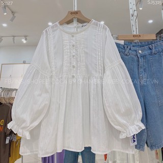 [S1127]⛈ Áo sơ mi trắng BABYDOLL cúc bọc pha ren (Có sẵn/ảnh thật)