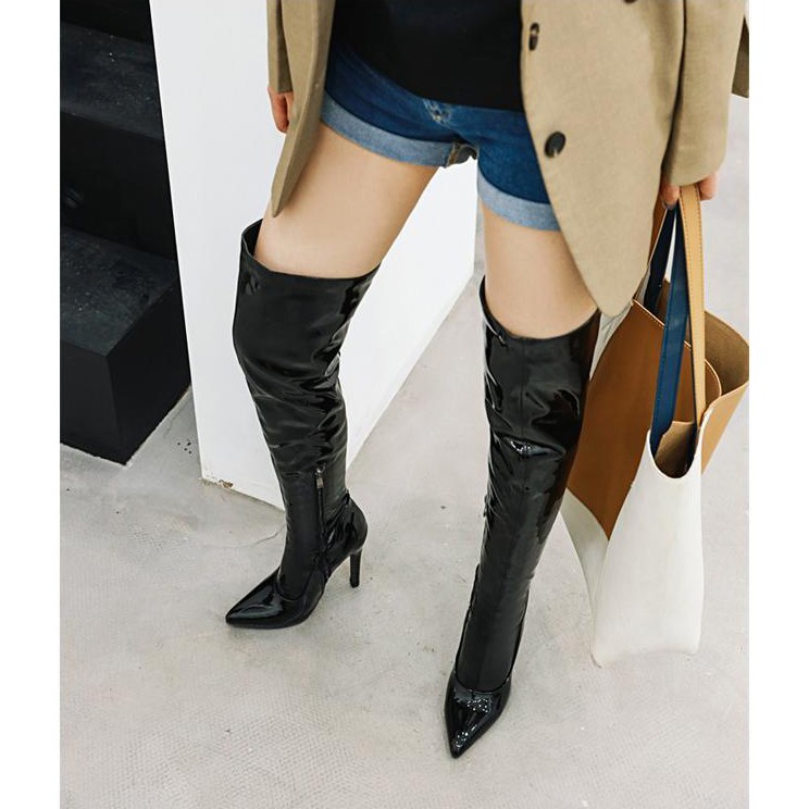 Giày boot nữ cổ cao ngang đùi màu ĐEN/ TRẮNG/ ĐỎ da bóng MŨI NHỌN- GÓT NHỌN 11cm thanh dáng GCC29