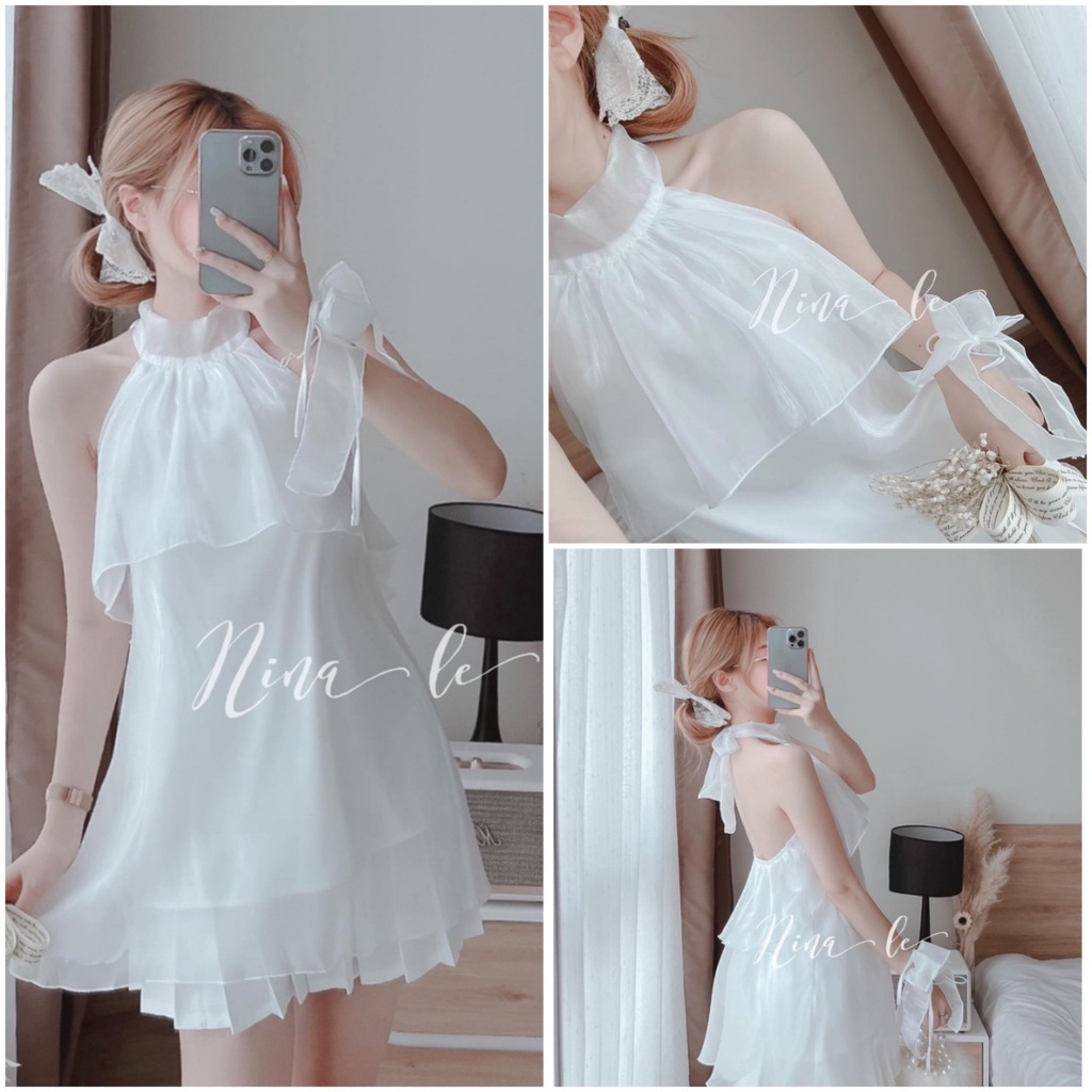 Set đồ nữ áo cổ yếm hở lưng vải tơ kèm chân váy dập ly phong cách trẻ trung